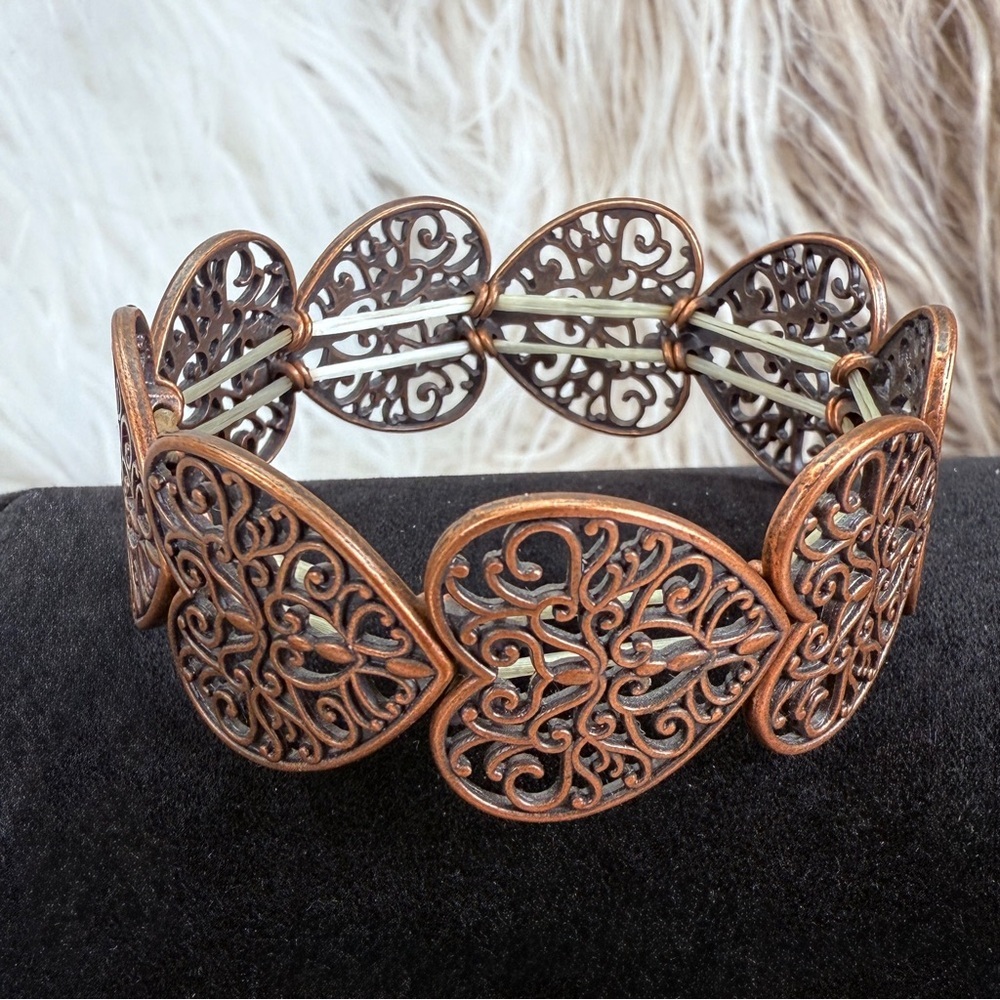Copper tone Heart Filigree Stretch Bracelet - Picture 8 of 14